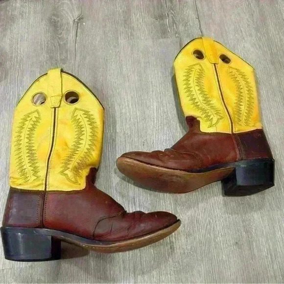 Old West Brown Yellow Leather Western Cowboy Boots Men’s Size 5.5 - Picture 2 of 8